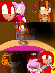 Size: 2400x3168 | Tagged: safe, artist:thecarebeargirl, amy rose, knuckles the echidna, sticks the badger, comic:dark tails unleashed, fanfic:dark tails unleashed, 2017, abstract background, comic, dialogue, english text, explosion, flat colors, speech bubble, trio