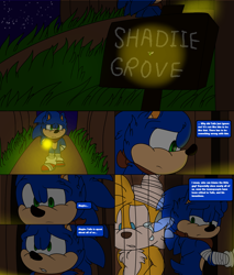 Size: 2400x2816 | Tagged: safe, artist:thecarebeargirl, sonic the hedgehog, comic:dark tails unleashed, fanfic:dark tails unleashed, 2018, abstract background, bandage, comic, crying, english text, firefly, flashback, flashlight, flat colors, outdoors, sign, solo, thinking