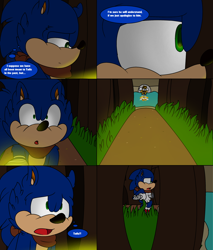 Size: 2400x2816 | Tagged: safe, artist:thecarebeargirl, miles "tails" prower, sonic the hedgehog, comic:dark tails unleashed, fanfic:dark tails unleashed, 2018, abstract background, comic, duo, english text, flashlight, flat colors, forest, outdoors, solo focus, thought bubble, tree, water