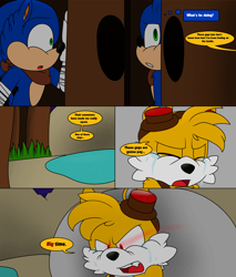 Size: 2400x2816 | Tagged: safe, artist:thecarebeargirl, miles "tails" prower, sonic the hedgehog, comic:dark tails unleashed, fanfic:dark tails unleashed, 2018, abstract background, comic, crying, dialogue, eavesdropping, english text, flat colors, forest, glowing eyes, hiding, outdoors, red eyes, speech bubble, tears, tears of anger, tears of sadness, water