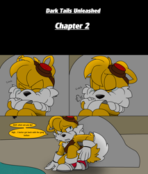 Size: 2400x2816 | Tagged: safe, artist:thecarebeargirl, miles "tails" prower, comic:dark tails unleashed (chapter 2), fanfic:dark tails unleashed, 2019, abstract background, comic, crying, dialogue, english text, flat colors, floppy ears, outdoors, rock, sfx, solo, speech bubble, tears, tears of sadness, water