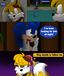 Size: 2400x2816 | Tagged: safe, artist:thecarebeargirl, miles "tails" prower, sonic the hedgehog, comic:dark tails unleashed (chapter 2), fanfic:dark tails unleashed, 2019, abstract background, comic, dialogue, duo, english text, flat colors, floppy ear, floppy ears, frown, outdoors, speech bubble, water