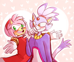 Size: 540x452 | Tagged: safe, artist:mi1kgreentea, amy rose, blaze the cat, cat, hedgehog, 2018, amy x blaze, amy's halterneck dress, blaze's tailcoat, blushing, cute, female, females only, lesbian, looking at them, looking at viewer, shipping