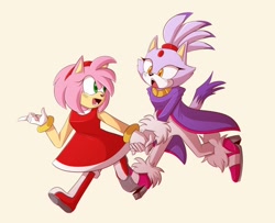 Size: 540x438 | Tagged: safe, artist:mi1kgreentea, amy rose, blaze the cat, cat, hedgehog, 2019, amy x blaze, amy's halterneck dress, blaze's tailcoat, cute, female, females only, holding hands, lesbian, looking at each other, shipping