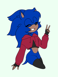 Size: 1553x2048 | Tagged: safe, artist:sketchy-sansy, sonic the hedgehog, hedgehog, binder, choker, cropped hoodie, eyes closed, femboy, fingerless gloves, flat colors, long hair, male, simple background, solo, stockings, trans male, transgender, v sign