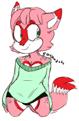 Size: 456x697 | Tagged: safe, artist:nightstreamarts, oc, oc:valentine the cat, cat, beanbrows, eyebrow clipping through hair, femboy, green eyes, kneeling, male, oc only, oversized, pink fur, shorts, simple background, smile, solo, sweater, white background