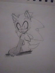 Size: 1536x2048 | Tagged: safe, artist:kaths-art, sonic the hedgehog, hedgehog, arm warmers, blushing, blushing ears, clenched teeth, embarrassed, femboy, looking back at viewer, male, pencilwork, redesign, shrunken pupils, sitting, solo, stockings, surprised, traditional media