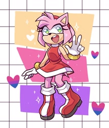 Size: 1500x1753 | Tagged: safe, artist:artkett1412, amy rose, hedgehog, 2022, abstract background, bisexual, bisexual pride, female, headcanon, heart, smile, solo, sparkles, standing, v sign