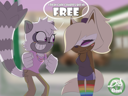 Size: 4000x3000 | Tagged: safe, artist:themaplesyrupshow, tangle the lemur, whisper the wolf, 2022, abstract background, bisexual pride, clothes, dialogue, duo, english text, eyes closed, facepaint, lesbian, lesbian pride, outdoors, pansexual pride, pride, shipping, smile, station square, stockings, tangle x whisper