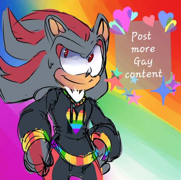 Size: 879x874 | Tagged: safe, artist:kiwikimini, shadow the hedgehog, hedgehog, 2019, abstract background, english text, featured image, gloves off, hands on hips, hoodie, looking up, male, pride, smile, solo, standing, sweatdrop