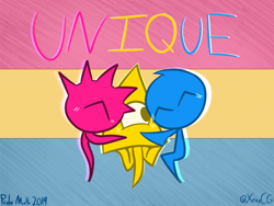 Size: 1024x768 | Tagged: safe, artist:ladyxenochen, wisp, 2019, blushing, cute, hugging, pansexual, pansexual pride, pride, pride flag background, trio