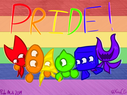 Size: 1024x768 | Tagged: safe, artist:ladyxenochen, wisp, 2019, blushing, cute, english text, gay pride, group, pride, pride flag background, smile
