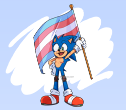 Size: 2000x1763 | Tagged: safe, artist:meteorlimit, sonic the hedgehog, hedgehog, 2022, abstract background, flag, hand on hip, holding something, kneepads, male, mouth open, pride, pride flag, smile, solo, top surgery scars, trans male, trans pride, transgender
