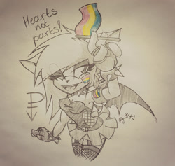 Size: 2094x1982 | Tagged: safe, artist:kaya1231, oc, oc:kaya, bat, dress, english text, facepaint, female, flag, holding something, oc only, pansexual, pansexual pride, pansexual symbol, pencilwork, pride, pride flag, smile, solo, spiked bracelet, spiked collar, traditional media
