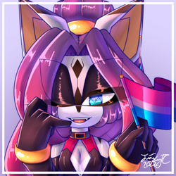 Size: 1280x1280 | Tagged: safe, artist:jinxytc, oc, oc:jinxy the cat, cat, 2022, bisexual, bisexual pride, cleavage, eyes clipping through hair, fangs, female, flag, looking at viewer, oc only, pride, pride flag, signature, smile, solo, wink