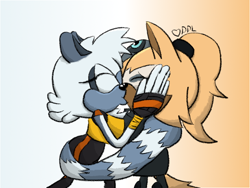 Size: 800x600 | Tagged: safe, artist:princesspandaart, tangle the lemur, whisper the wolf, 2019, duo, eyes closed, female, females only, gradient background, kiss, lesbian, shipping, signature, standing, tangle x whisper