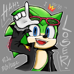 Size: 3000x3000 | Tagged: safe, artist:ch1b1k0, scourge the hedgehog, hedgehog, 2022, english text, grey background, l sign, looking at viewer, male, movie style, simple background, smile, solo, standing, talking to viewer