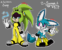 Size: 1900x1550 | Tagged: safe, artist:ch1b1k0, kit the fennec, surge the tenrec, 31 days sonic, 2022, character name, duo, ear piercing, electricity, english text, female, grey background, male, outline, personality swap, sharp teeth, simple background, water