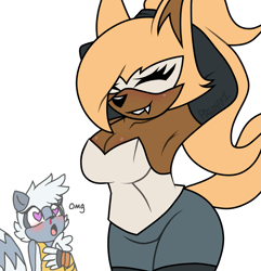 Size: 2083x2160 | Tagged: safe, artist:pdaisyff1, tangle the lemur, whisper the wolf, 2022, arms behind head, blushing, cleavage, duo, english text, female, females only, lesbian, nosebleed, presenting, shipping, simple background, smile, solo focus, standing, tangle x whisper, white background