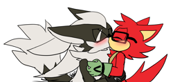 Size: 3581x1698 | Tagged: safe, artist:pdaisyff1, gadget the wolf, infinite the jackal, jackal, wolf, sonic forces, 2019, blushing, duo, eyes closed, flat colors, gay, holding each other, kiss, male, males only, rookinite, shipping, simple background, white background