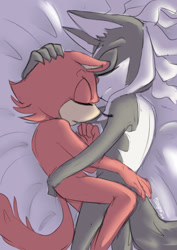 Size: 1024x1449 | Tagged: safe, artist:hhuniii, gadget the wolf, infinite the jackal, 2018, abstract background, bed, duo, gay, male, males only, rookinite, shipping, sleeping, snuggling