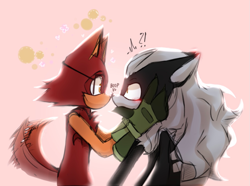 Size: 1263x941 | Tagged: safe, artist:xxayloverxx, gadget the wolf, infinite the jackal, 2022, blushing, blushing ears, duo, exclamation mark, gay, looking at each other, nose boop, pink background, question mark, rookinite, shipping, simple background, surprised, wagging tail