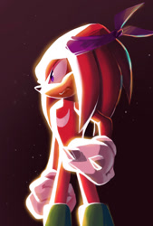Size: 800x1182 | Tagged: safe, artist:shira hedgie, knuckles the echidna, echidna, 2015, frown, headscarf, lineless, red background, simple background, solo, standing