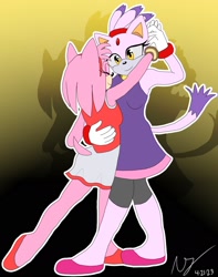 Size: 1200x1523 | Tagged: safe, artist:nechojak, amy rose, blaze the cat, cat, hedgehog, 2023, amy x blaze, cute, dancing, female, females only, hand on back, holding hands, lesbian, shipping