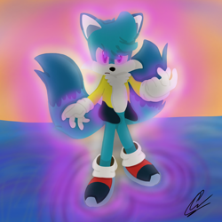 Size: 2048x2048 | Tagged: safe, artist:cdmgamingyt, oc, oc:isaac the fox, fox, hybrid, 2022, abstract background, blue fur, fankid, fennec, frown, glowing eyes, jacket, magical gay spawn, male, oc only, outdoors, parent:kit, parent:tails, parents:kittails, purple eyes, sunset, two tails, water