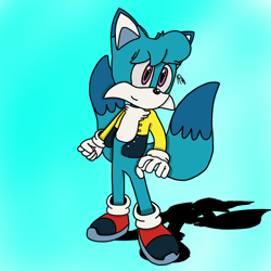 Size: 2048x2048 | Tagged: safe, artist:cdmgamingyt, oc, oc:isaac the fox, fox, hybrid, 2022, blue background, blue fur, fankid, fennec, jacket, looking offscreen, magical gay spawn, male, oc only, parent:kit, parent:tails, parents:kittails, purple eyes, shadow (lighting), signature, simple background, smile, solo, standing, two tails