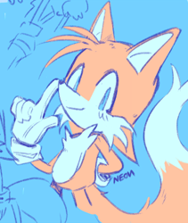 Size: 550x653 | Tagged: safe, artist:12neonlit-stage, miles "tails" prower, fox, blue background, looking at viewer, male, pointing, simple background, smile, solo