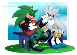 Size: 1057x756 | Tagged: safe, artist:lulumouse, scourge the hedgehog, silver the hedgehog, hedgehog, abstract background, bench, blushing, duo, gay, grass, guitar, male, males only, musical notes, outdoors, shipping, silvourge, sitting, smile