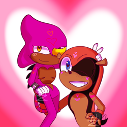 Size: 2048x2048 | Tagged: safe, artist:majinesis, espio the chameleon, mighty the armadillo, abstract background, duo, gay, heart, holding them, looking at viewer, male, males only, mightio, shipping, signature, smile, top surgery scars, trans male, transgender, v sign