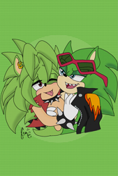 Size: 1181x1748 | Tagged: safe, artist:galaxyemotional27, manik the hedgehog, scourge the hedgehog, hedgehog, abstract background, duo, gay, holding each other, male, males only, scouranik, shipping, signature, smile, tongue out, wink