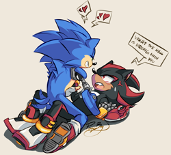 Size: 2048x1858 | Tagged: safe, artist:dilfsonic, shadow the hedgehog, sonic the hedgehog, hedgehog, alternate universe, beige background, duo, gay, heart, male, males only, one fang, prosthetic, shadow x sonic, shipping, signature, simple background, sweatdrop