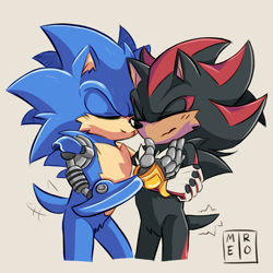 Size: 2048x2048 | Tagged: safe, artist:dilfsonic, shadow the hedgehog, sonic the hedgehog, hedgehog, alternate universe, beige background, cheek fluff, chest fluff, crotch fluff, duo, eyes closed, gay, male, males only, nuzzle, prosthetic, shadow x sonic, shipping, signature, simple background, standing, wagging tail