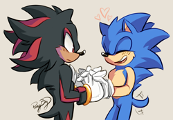 Size: 2048x1424 | Tagged: safe, artist:dilfsonic, shadow the hedgehog, sonic the hedgehog, hedgehog, alternate universe, beige background, blushing, cheek fluff, chest fluff, duo, eyes closed, frown, gay, heart, holding hands, looking at them, male, males only, prosthetic, shadow x sonic, shipping, signature, simple background, smile, standing, wagging tail