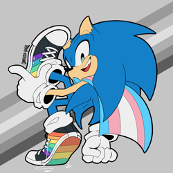 Size: 2048x2048 | Tagged: safe, artist:confused-bagel, sonic the hedgehog, hedgehog, 2023, cape, ear fluff, looking back at viewer, male, pride, smile, solo, trans pride