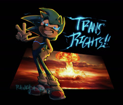 Size: 1733x1479 | Tagged: safe, artist:rawkysawrus, sonic the hedgehog, hedgehog, abstract background, electricity, english text, explosion, glowing, hand on hip, looking at viewer, male, smile, solo, standing, top surgery scars, trans male, trans rights, transparent background, v sign