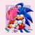 Size: 2048x2048 | Tagged: safe, artist:beanbagstab, amy rose, sonic the hedgehog, hedgehog, abstract background, amy x sonic, blushing, crop top, duo, female, females only, half r63 shipping, heart, holding another's arm, jacket, kiss on cheek, lesbian, shipping, skirt, smile, standing, trans female, transgender