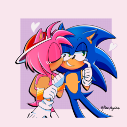 Size: 2048x2048 | Tagged: safe, artist:beanbagstab, amy rose, sonic the hedgehog, hedgehog, abstract background, alternate version, amy x sonic, backwards cap, blushing, duo, gay, half r63 shipping, heart, holding another's arm, kiss on cheek, male, males only, shipping, smile, standing, top surgery scars, trans male, transgender