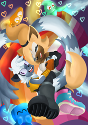 Size: 1447x2048 | Tagged: safe, artist:ghostindistress, tangle the lemur, whisper the wolf, wisp, abstract background, duo, female, females only, heart, heart tail, holding hands, lesbian, lesbian pride, pride, shipping, smile, tangle x whisper