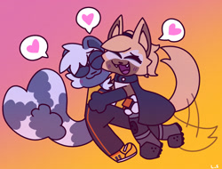 Size: 2048x1553 | Tagged: safe, artist:420-what-you-smokin, tangle the lemur, whisper the wolf, blushing, cute, duo, female, females only, gradient background, heart, heart tail, lesbian, shipping, smile, tangabetes, tangle x whisper, wagging tail, whispabetes