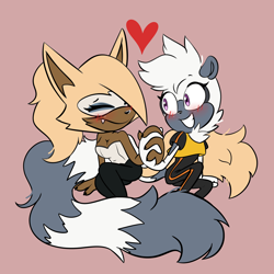 Size: 2048x2048 | Tagged: safe, artist:butterrrmoth, tangle the lemur, whisper the wolf, blushing, brown background, duo, heart, holding hands, lesbian, shipping, simple background, sitting, smile, tangle x whisper