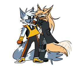 Size: 720x720 | Tagged: safe, artist:koreyeet, tangle the lemur, whisper the wolf, cute, duo, lesbian, shipping, simple background, smile, standing, tangle x whisper, transparent background, wagging tail