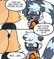 Size: 1903x2048 | Tagged: safe, artist:7violetmadness7, tangle the lemur, whisper the wolf, blushing, dialogue, duo, english text, lesbian, panels, shipping, simple background, speech bubble, standing, tangle x whisper, white background
