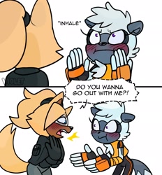 Size: 1903x2048 | Tagged: safe, artist:7violetmadness7, tangle the lemur, whisper the wolf, blushing, dialogue, duo, english text, lesbian, looking at each other, panels, sfx, shipping, simple background, speech bubble, standing, surprised, tangle x whisper, white background