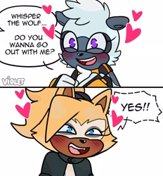 Size: 1903x2048 | Tagged: safe, artist:7violetmadness7, tangle the lemur, whisper the wolf, blushing, dialogue, duo, english text, heart, lesbian, panels, shipping, simple background, speech bubble, standing, tangle x whisper, white background
