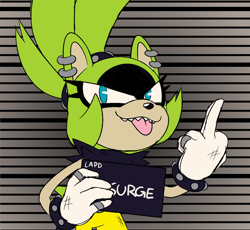 Size: 1278x1177 | Tagged: safe, artist:gh0stfl0wer, surge the tenrec, abstract background, barbie mugshot meme, character name, holding something, looking at viewer, meme, middle finger, mugshot, solo, tongue out