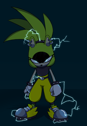 Size: 1164x1688 | Tagged: safe, artist:gh0stfl0wer, surge the tenrec, abstract background, angry, electricity, female, glowing eyes, solo, standing